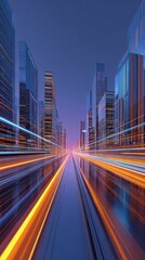 Futuristic cityscape shows a digital highway with orange streaks and bright blue buildings