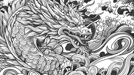 Majestic dragon surrounded by swirling waves in a detailed black and white illustration