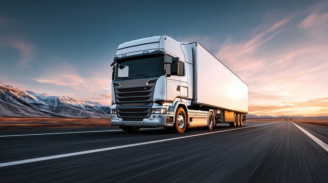 ultra quality image of realistic truck on highway sunlight soft sky background 