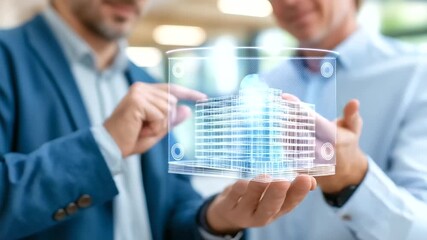 BIM specialists collaborating around holographic 4D building model with timeline visualization using gesture controls and digital twin technology to optimize construction - Powered by Adobe