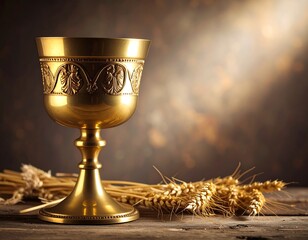 Golden chalice on wooden surface with wheat