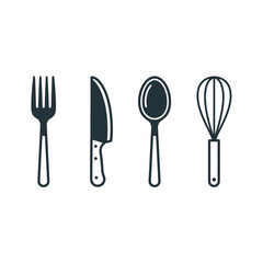 Simple hand drawn culinary utensils featuring fork knife spoon and whisk for kitchen and food related designs vector
