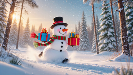 Christmas snowman with gifts running through snowy forest at sunset, wearing scarf and top hat, festive holiday winter scene