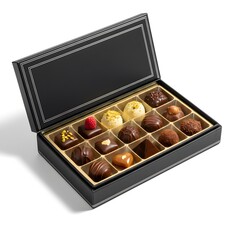 Assortment of gourmet chocolates in a luxurious black gift box