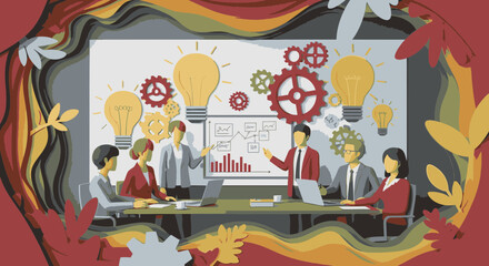 A creative business team collaborates in a meeting, brainstorming ideas represented by lightbulbs and gears in a paper-cut art style.