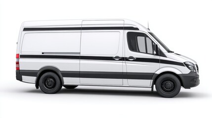 High Definition Image of a White Van with Black Stripes is Parked on a White Background