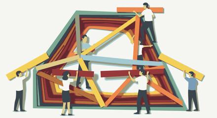A diverse team of people collaborating to construct a complex, abstract house-like structure with colorful wooden beams, symbolizing teamwork and shared goals.