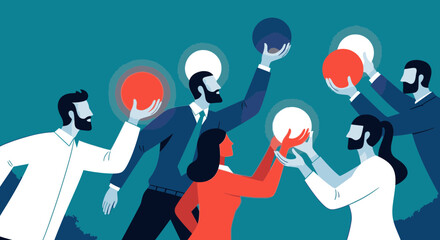 A diverse group of business professionals collaborating and sharing glowing orbs representing ideas and innovation.