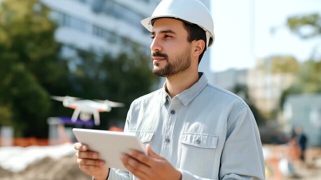 Civil engineers operating drone survey equipment and analyzing photogrammetry data on tablets mapping construction progress with AI powered monitoring systems and precision
