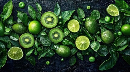 Fresh green fruits and leaves arranged creatively on a dark surface for a vibrant display of natural colors