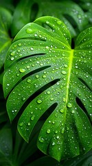 Obraz premium Vibrant green leaf showing water droplets after tropical rain