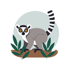 Obraz premium Cute Ring-tailed Lemur Illustration with Striking Eyes and Striped Tail Surrounded by Lush Green Leaves