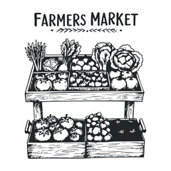 Fototapeta premium Local farmers market showcasing fresh produce community hub illustration rustic setting bird's eye view sustainable living. Vector illustration