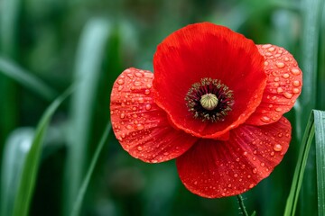 Fototapeta premium Red poppy flower blooming in green grass with water drops