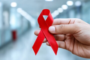 Doctor showing red ribbon for aids hiv awareness in hospital corridor