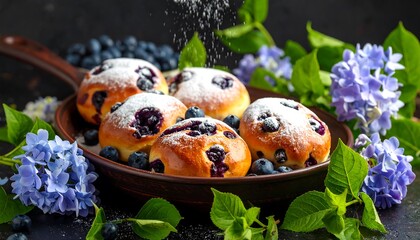 Blueberry pastries dusted with powdered sugar