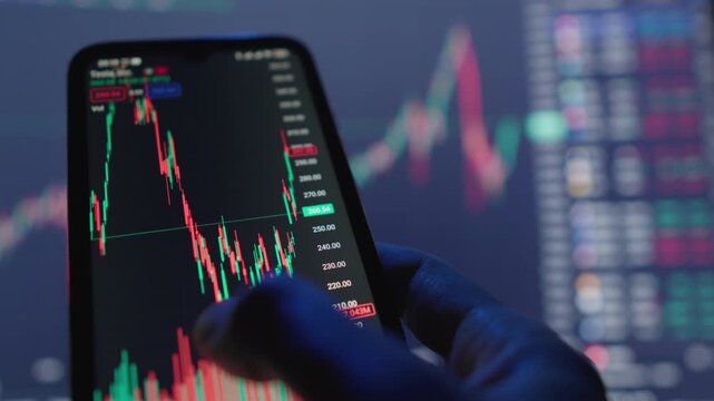 A closeup of an engaged user analyzing stock market data on a mobile trading app, featuring vibrant candlestick charts and comprehensive market analytics in a modern trading environment