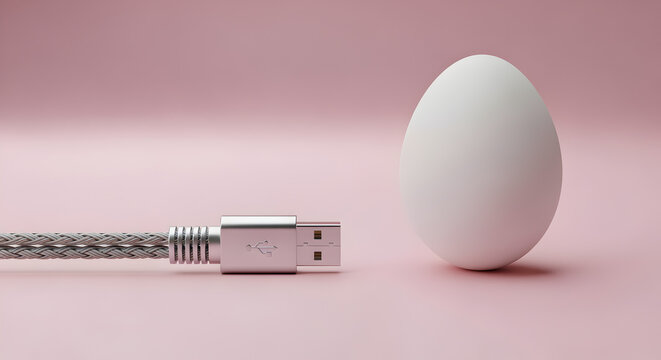 Macro Shot of White Egg Beside Metallic USB Cable on Light Pink Background - Powered by Adobe
