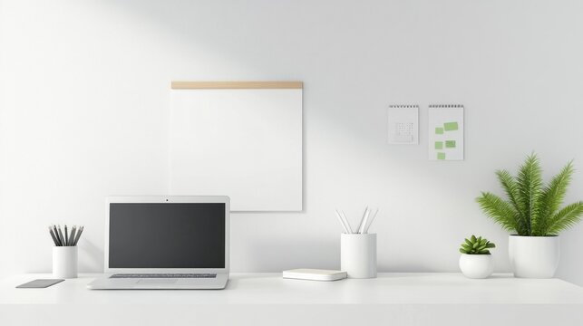 Minimal workspace setup with laptop and plants