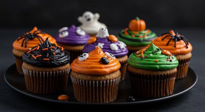 Halloween cupcakes with colorful frosting and spooky decorations - Powered by Adobe