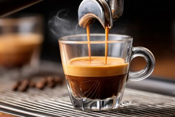 Fototapeta premium Coffee machine pouring espresso into glass cup with steam