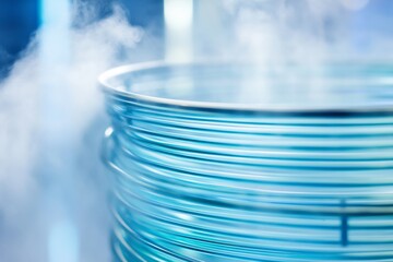 Close up chemistry concept of mixing solutions interconnected glass coils steam rising