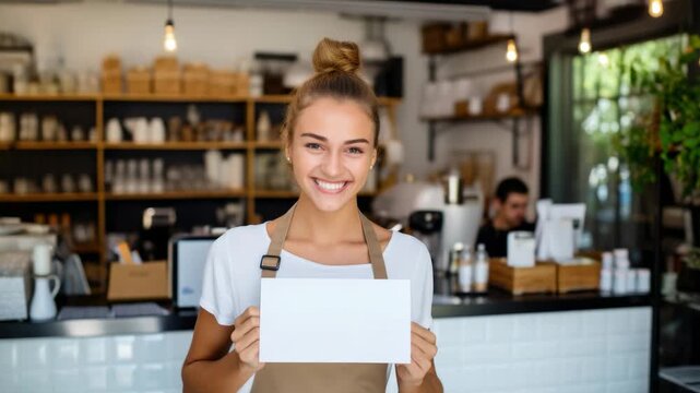 Cheerful barista shows welcome sign in busy cafe during morning hours