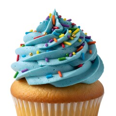 Delicious vanilla cupcake with swirled blue frosting and colorful sprinkles