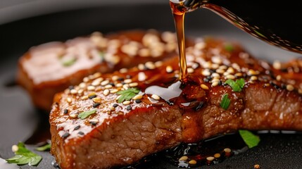 Teriyaki meat sesame seeds herbs close up food photography