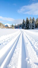 Snowy cross-country ski trails, clear blue sky, winter landscape