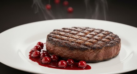 Grilled steak with cranberry sauce on white plate