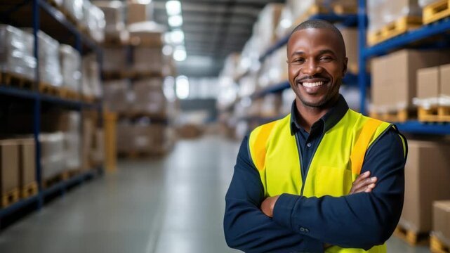 Smiling warehouse worker in safety vest stands confidently in spacious storage area