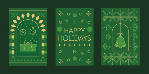 Three festive green and gold holiday greeting cards featuring gifts ornaments and bells