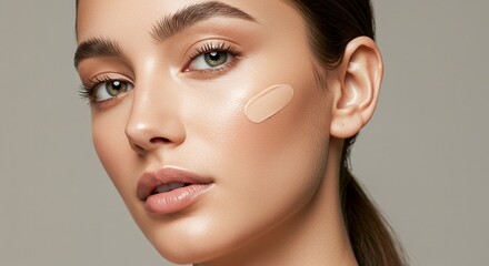 Fototapeta premium Woman applying foundation on neutral solid background