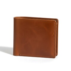 Classic bifold leather wallet with stitched edges on a white background