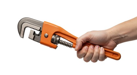 Hand holding orange pipe wrench against white background