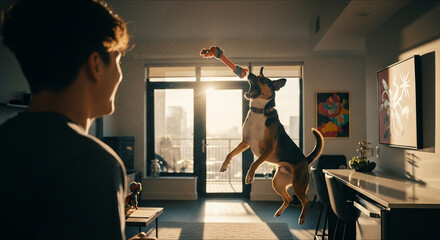 Sun-Kissed Leap of Joy: Energetic Dog Catches a Toy Mid-Air in a Modern Apartment.