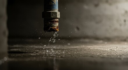 Rusty pipe dripping water in dimly lit industrial setting