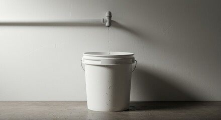 White plastic bucket under dripping faucet in minimalist setting