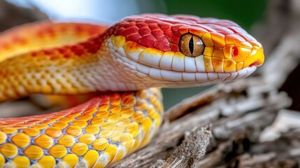 Fototapeta premium Red and yellow snake on wood close up