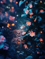Whimsical bush with flowers glowing like tiny lanterns, surrounded by a playful magical forest