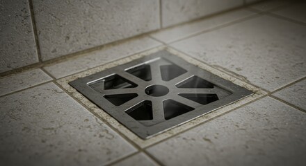 Close-up of a clean metal floor drain on tiled surface with subtle reflections