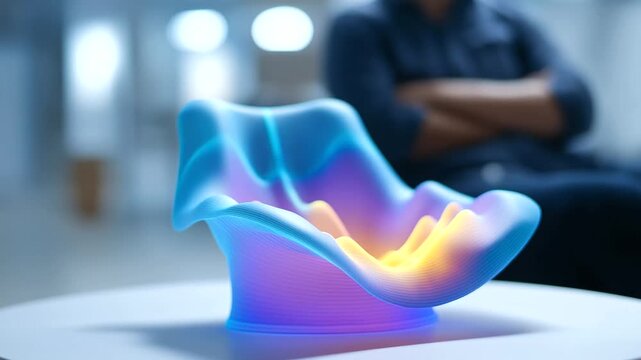 Furniture designer prototyping ergonomic seating using biomechanical simulation software with stress testing and comfort analysis displayed through advanced engineering