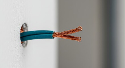 Close-up of copper electrical wires emerging from wall