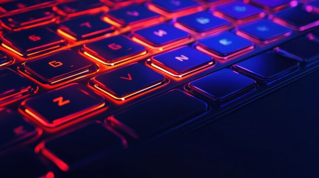 Illuminated keyboard keys close up in red and blue