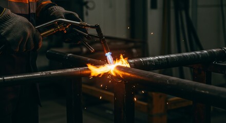 Industrial welding process with torch and sparks on steel pipes