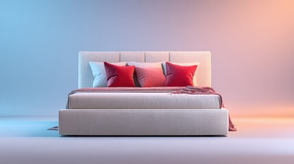 ultra quality image red sofa with pillows white blue pastel background 