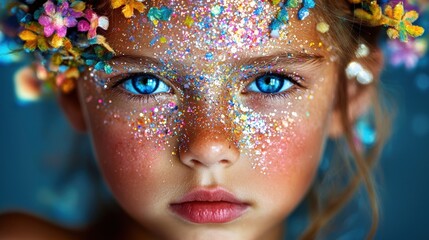 Young girl with sparkling makeup and floral headband captures attention with bright blue eyes and vibrant colors