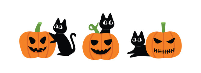 Halloween Black Cats and Pumpkins. Halloween elements. Orange pumpkin. Halloween party.