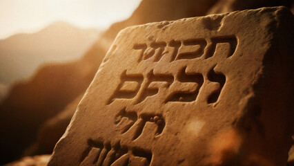 햇살을 받은 고대 히브리어가 새겨진 석판 클로즈업